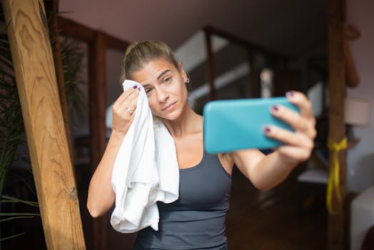 Woman in activewear taking a selfie while wiping sweat with towel at home.